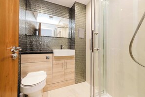 Combined shower/tub, hair dryer, towels