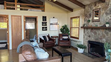 Smart TV, chimenea y libros