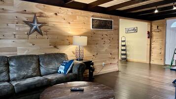 Smart TV, fireplace, foosball