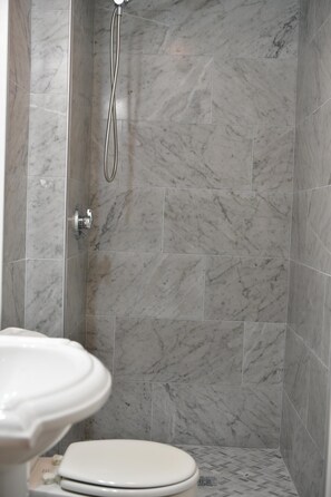 Regadera, toallas, jabón, shampoo 