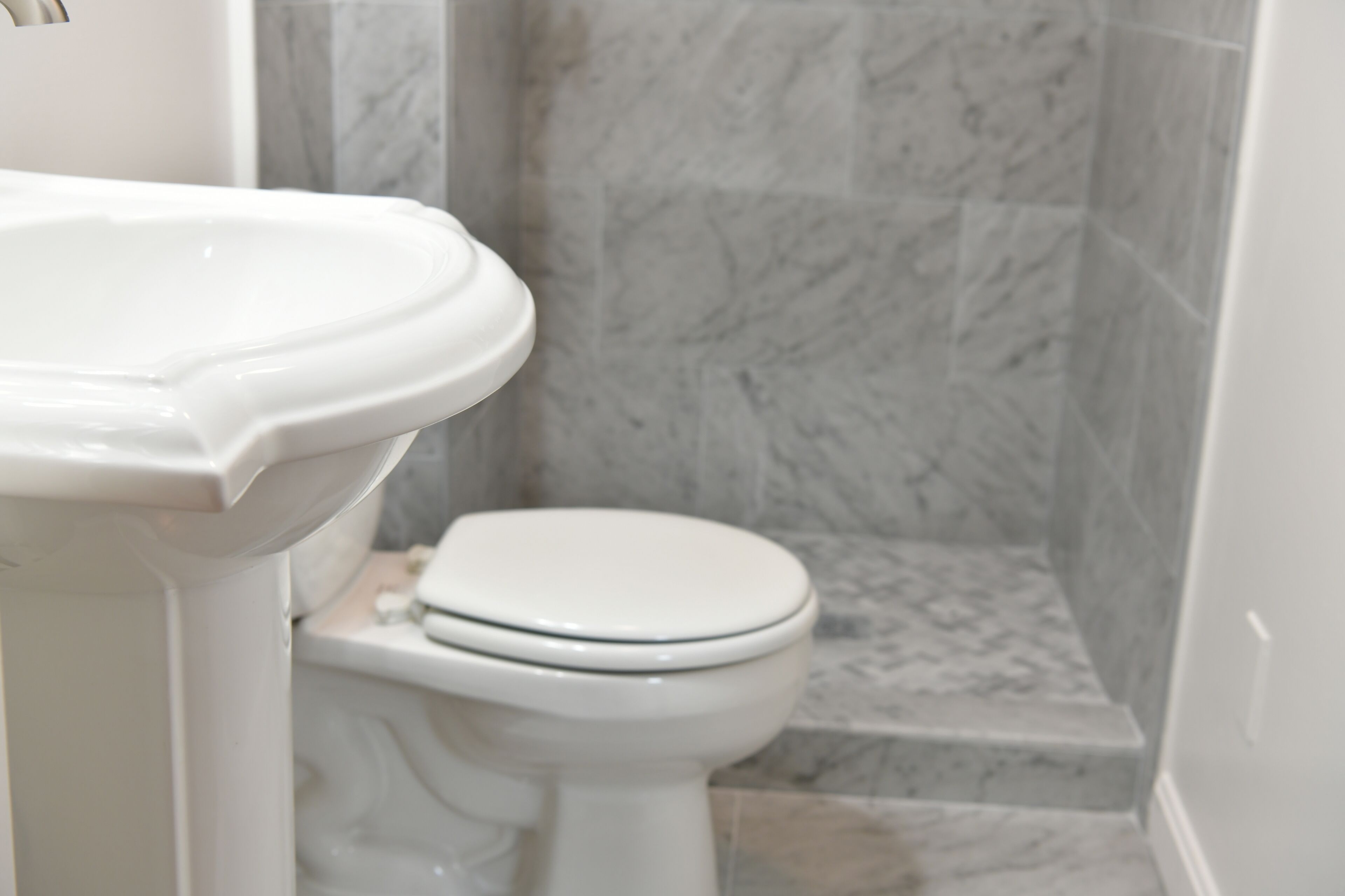 A bathroom with a white pedestal sink and a toilet with a marble shower wall.