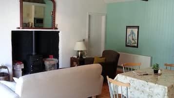 TV, fireplace, DVD player, books