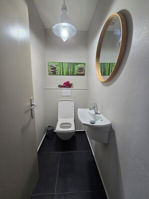 Dusche, Haartrockner, Handtücher, Toilettenpapier