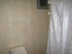 Driepersoonskamer | Badkamer | Een douche, handdoeken