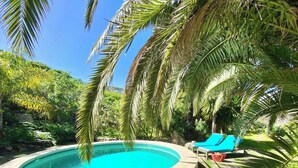 A circular pool surrounded by lush greenery and palm trees, with a clear blue sky above. - Private villa with pool with amazing views . (La Guancha)