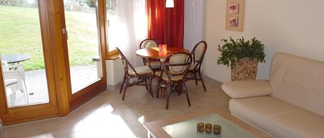 TV, DVD player, ping pong, books