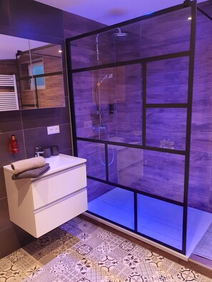 Shower, hair dryer, towels, soap