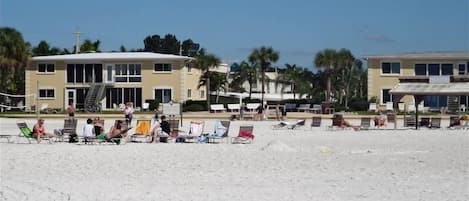A beachside hotel with multiple floors, outdoor seating, and palm trees.