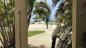 Ein überdachter Außenbereich mit Palmen, einem Kiesweg und Blick auf Strand und Meer.