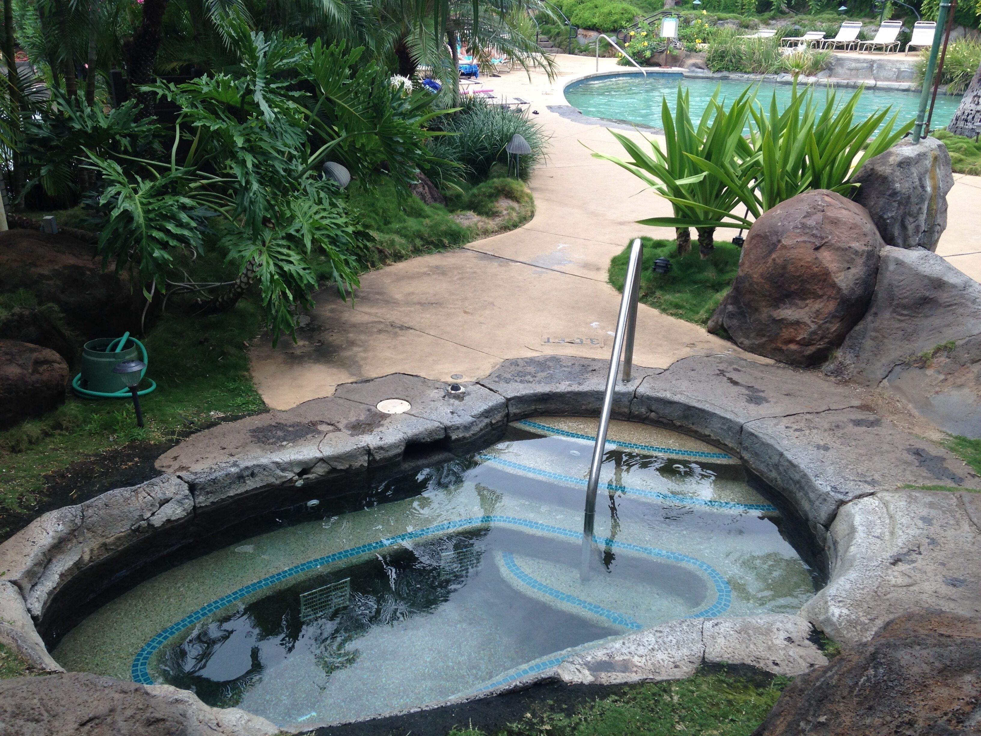 A hot tub surrounded by rocks and greenery, with a pool in the background.