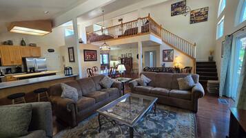 Smart TV, fireplace, foosball, books