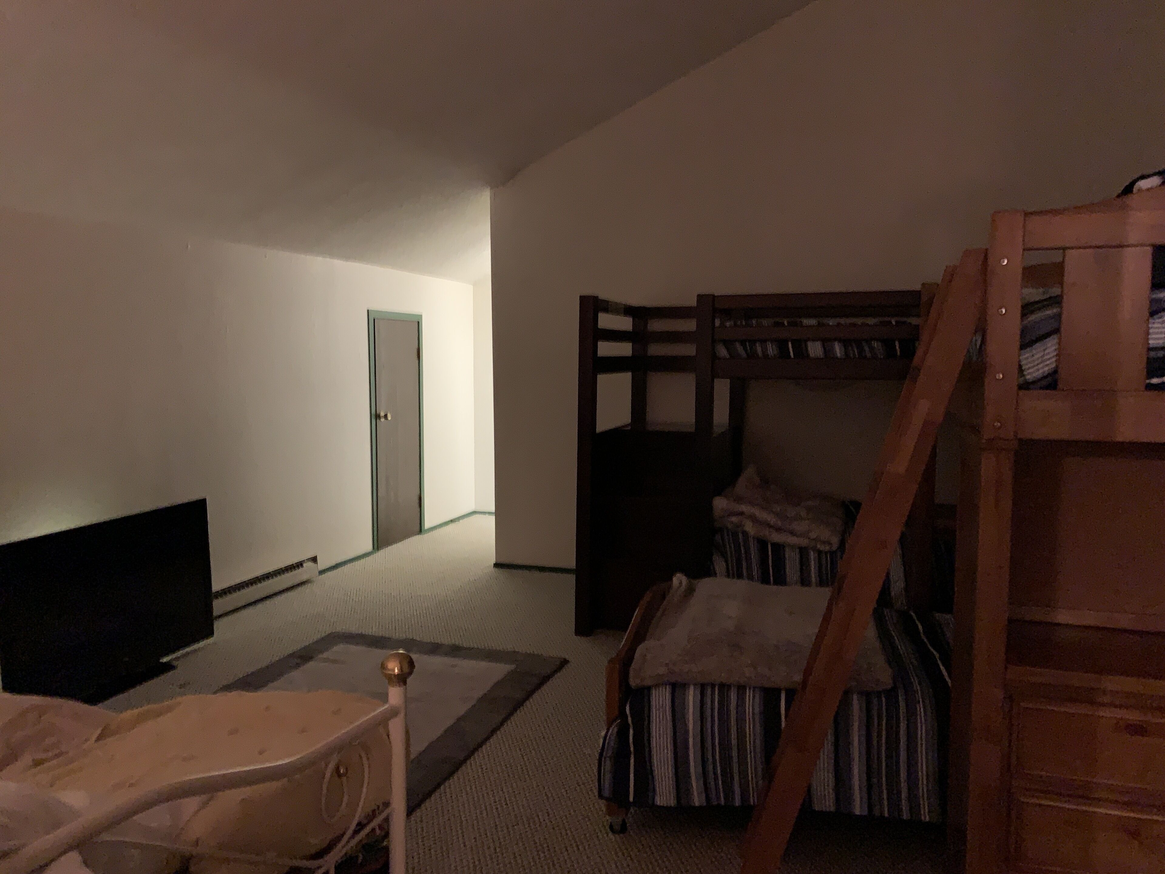A room with a bunk bed, a desk, and a television.