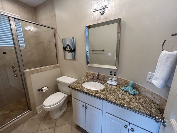 A bathroom with a shower, toilet, sink, and a large mirror.