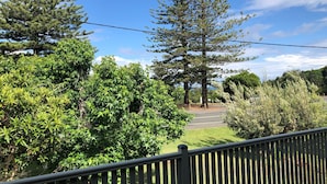 A view of a parking area surrounded by dense greenery and tall trees.