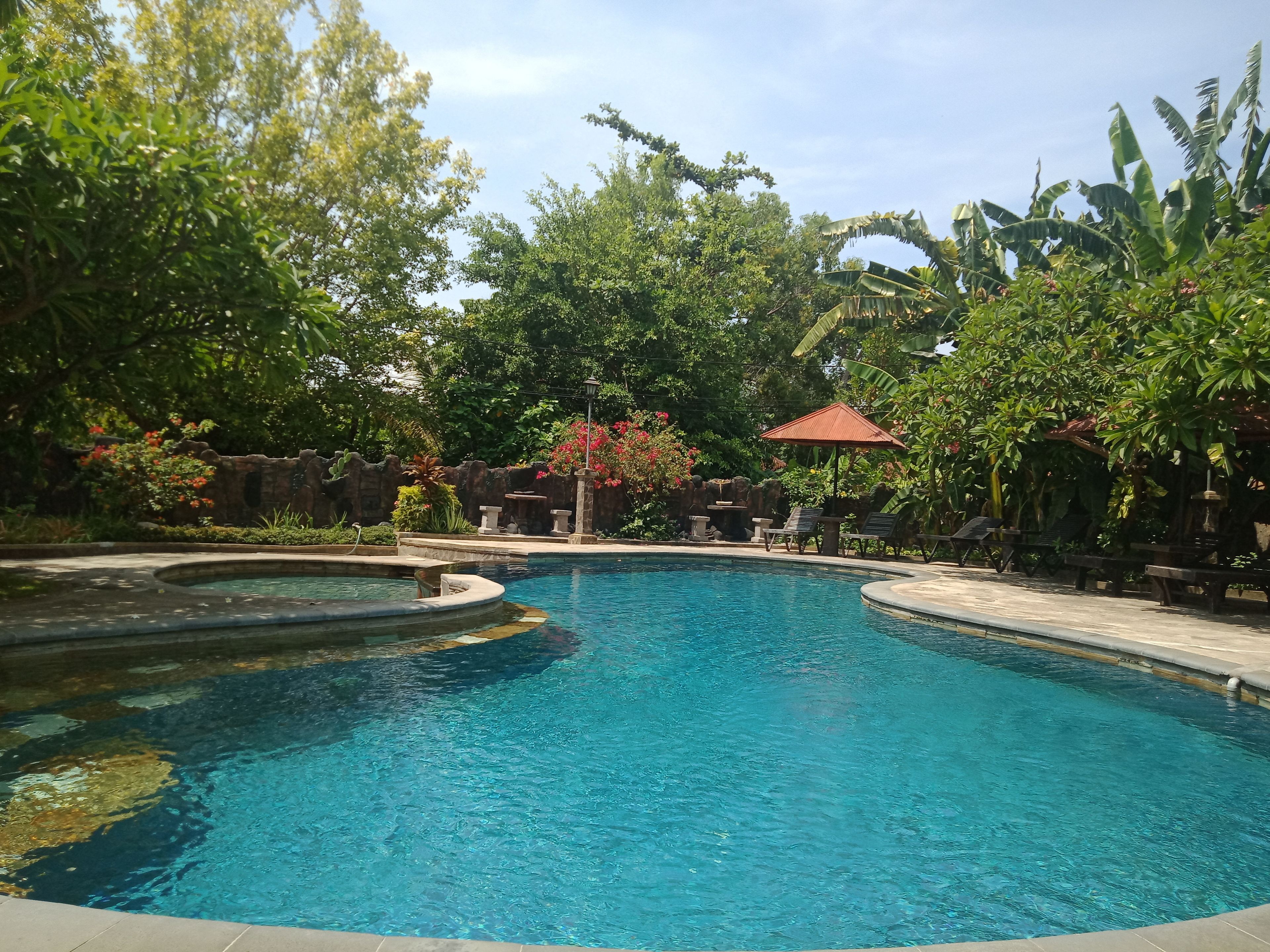 A clear blue pool surrounded by lush greenery and stone structures.