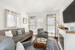 TV, fireplace, books