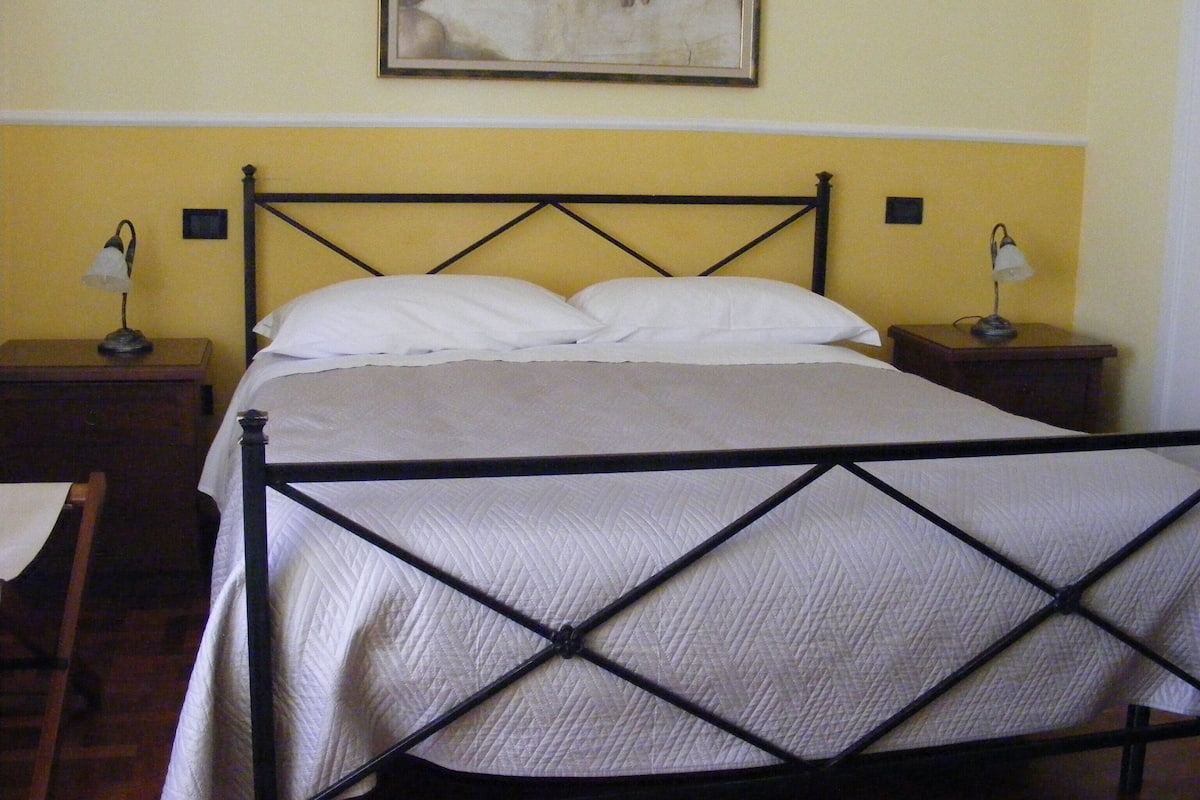 A bed with a black metal frame and white bedding, two bedside lamps, and a painting on the wall.
