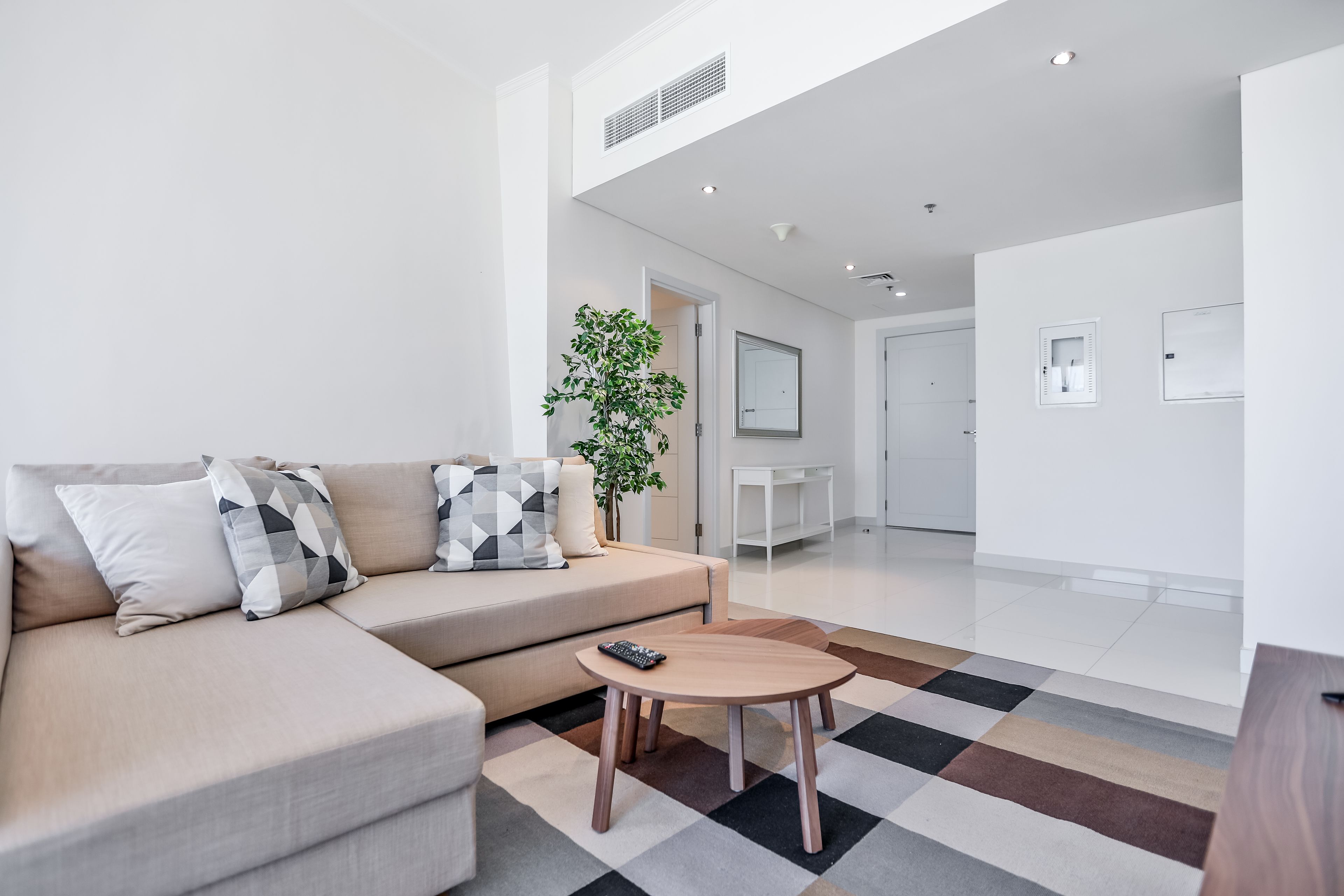 Een moderne woonkamer met een bank, een salontafel en een plant.
