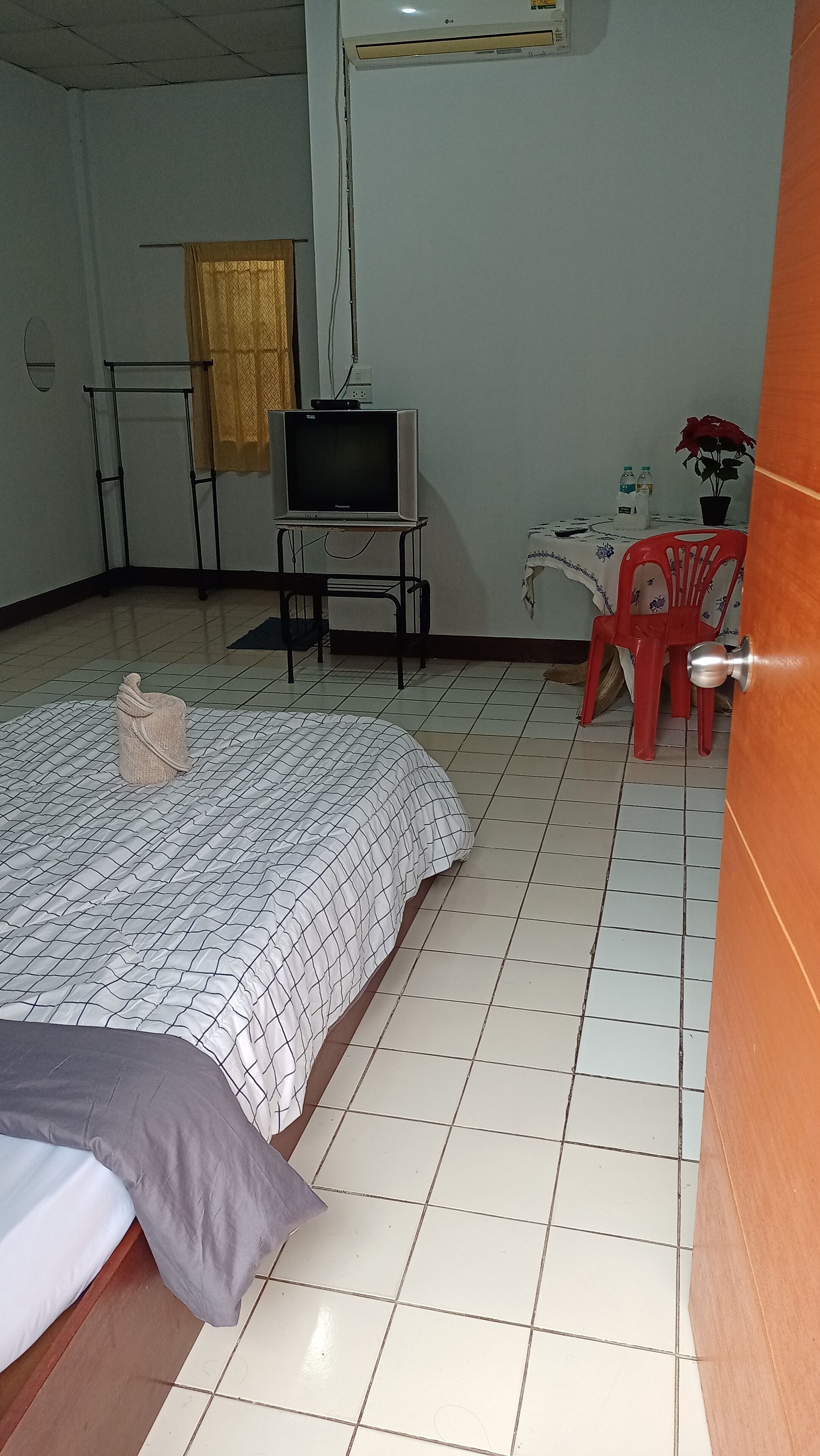 A room with a bed, a television on a stand, a small table with bottles, a red chair, and a potted plant.