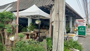 A rustic outdoor seating area with a white canopy, surrounded by lush greenery and potted plants. - Vijitporn House Hotel (Mae Hong Son)
