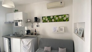 Un espace de vie compact comprenant un coin cuisine, un canapé gris et un climatiseur fixé au mur.