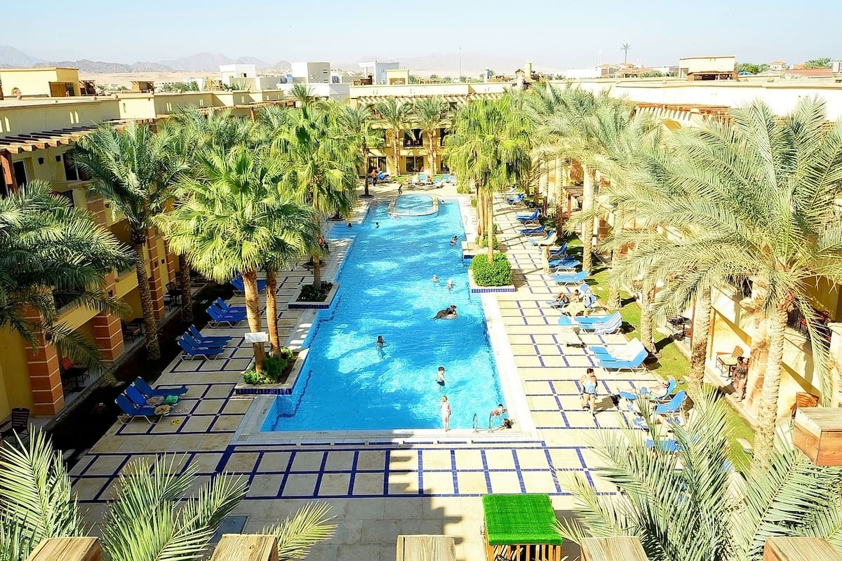 Ein Poolbereich mit Palmen, Liegestühlen und blauem Himmel.