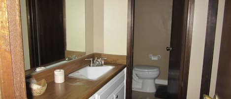 Combined shower/bathtub, hair dryer, towels, soap