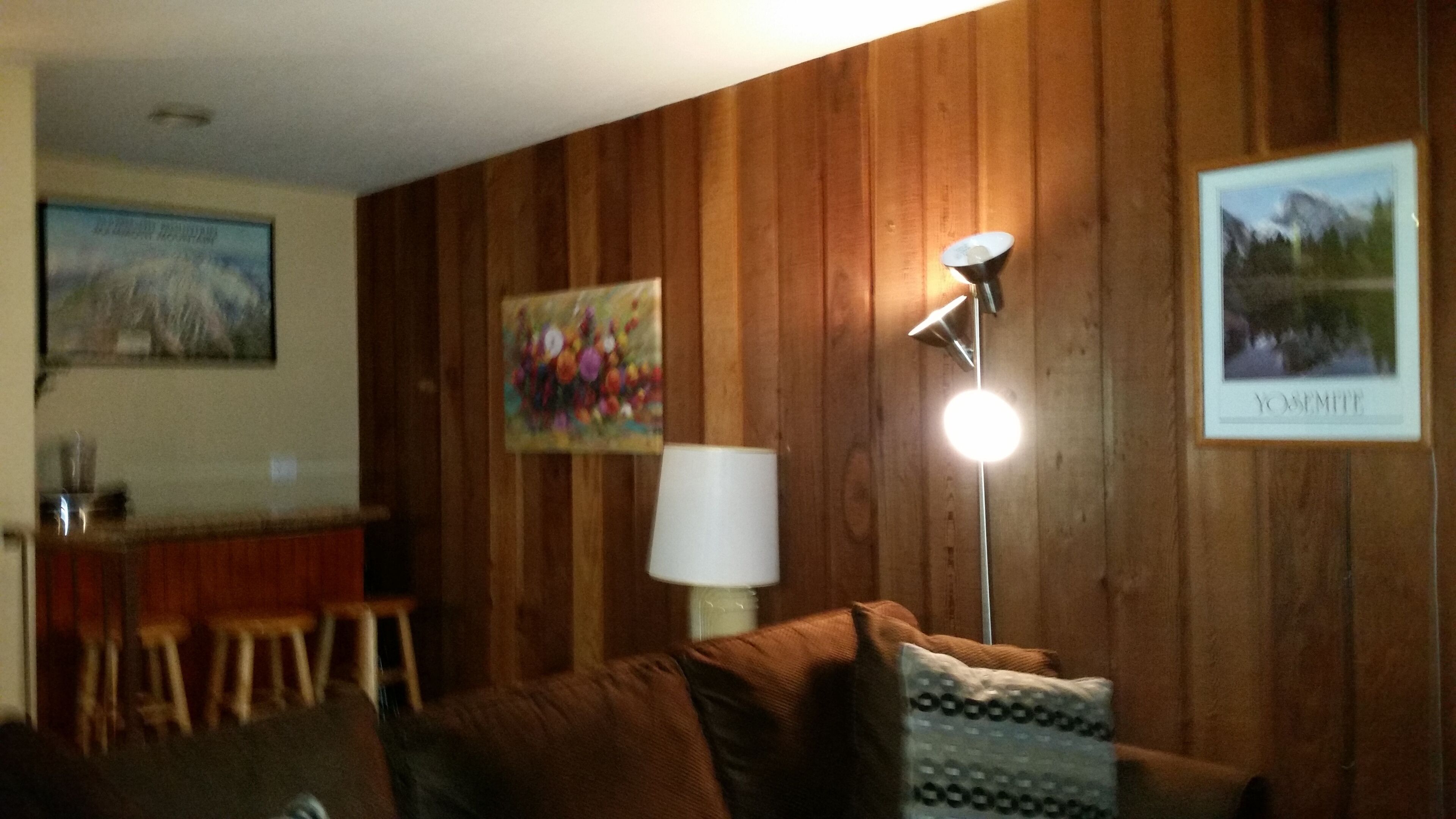 A living room with a wooden panel wall, a lamp, a couch, and a painting.