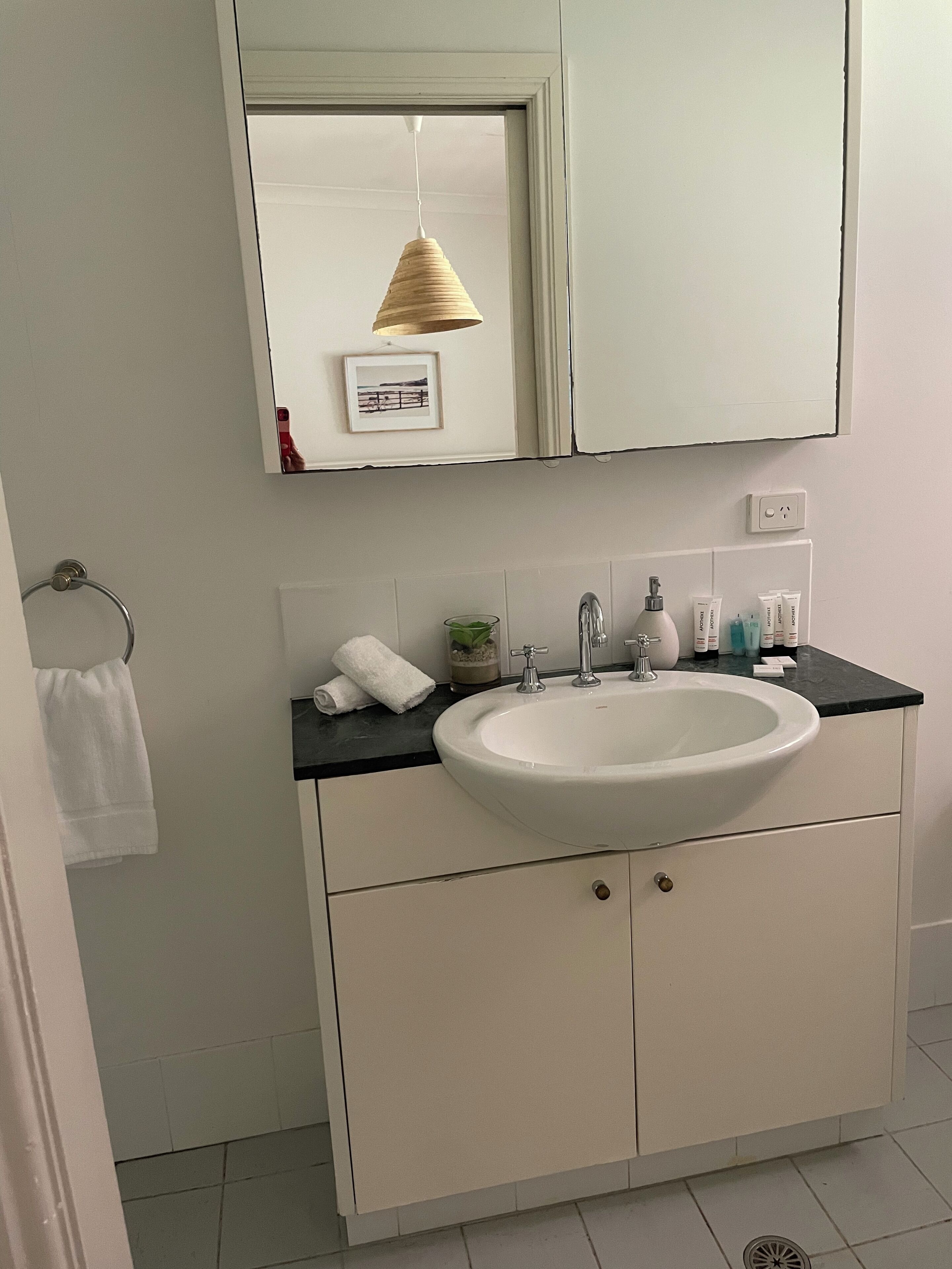 A bathroom with a white sink, black countertop, and a mirror above. There is a towel rack and a small framed picture on the wall.