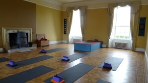 Amplia habitación con piso de madera, colchonetas de yoga, una plataforma de ejercicio azul, chimenea y ventanas grandes con cortinas.