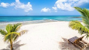 Une plage à l’eau turquoise et limpide, une chaise longue en bois et un palmier.