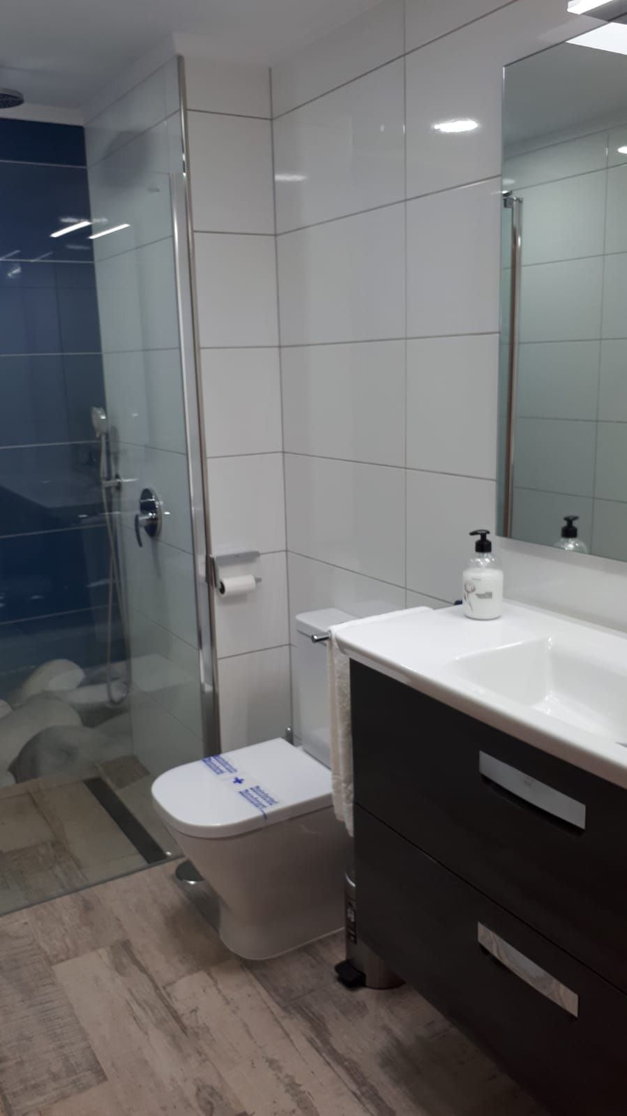 A modern bathroom with a glass shower enclosure, a white toilet, and a vanity with a mirror.