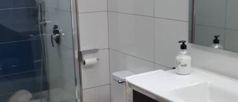 A modern bathroom with a glass shower enclosure, a white toilet, and a vanity with a mirror.