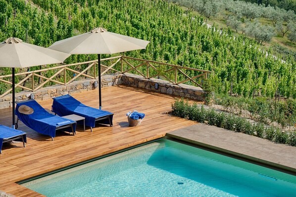 Un espace aménagé au bord de la piscine, avec des chaises longues et des parasols, entouré d’un vignoble.