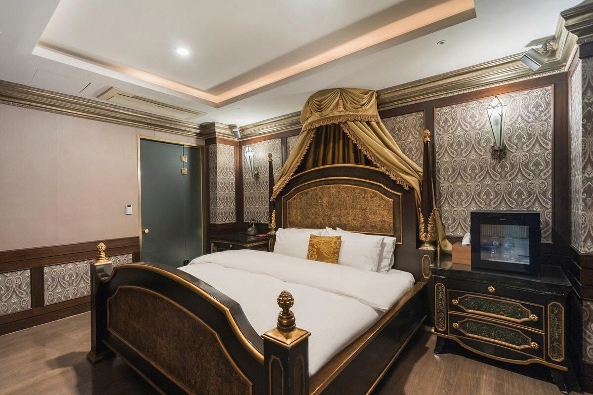 Une chambre d’hôtel avec un grand lit, une télévision et une tête de lit décorative.