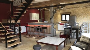 A spacious living area with a wooden staircase, a kitchen with stone walls, a dining table, and a bar area. - Traditional sluice-gate truss hones some on 10 hectares of ground-swimming pool (Gourdon)
