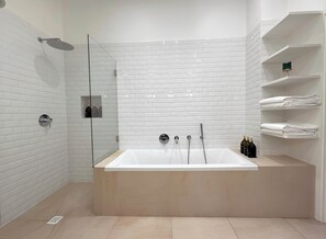Combined shower/tub, hair dryer, towels, soap