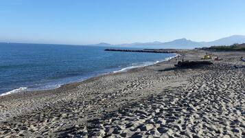 On the beach, sun-loungers