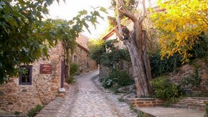 Un étroit sentier de pierre, bordé de bâtiments en pierre recouverts de lierre et d’arbres, mène à un bâtiment sur lequel est apposée une enseigne.