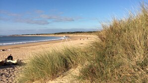 A beach with sand dunes and a clear sky.