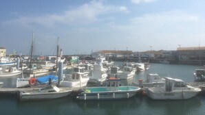 A marina with various boats docked, including a white boat with the number 19-1044 and a blue boat with the number 19-1044.