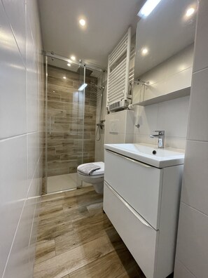 Douche, séchoir à cheveux, serviettes fournies, papier de toilette
