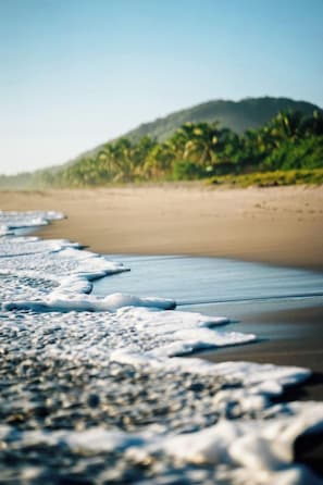 Una playa con olas, una orilla arenosa y una colina con vegetación al fondo.