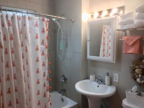 Hair dryer, towels, soap, shampoo