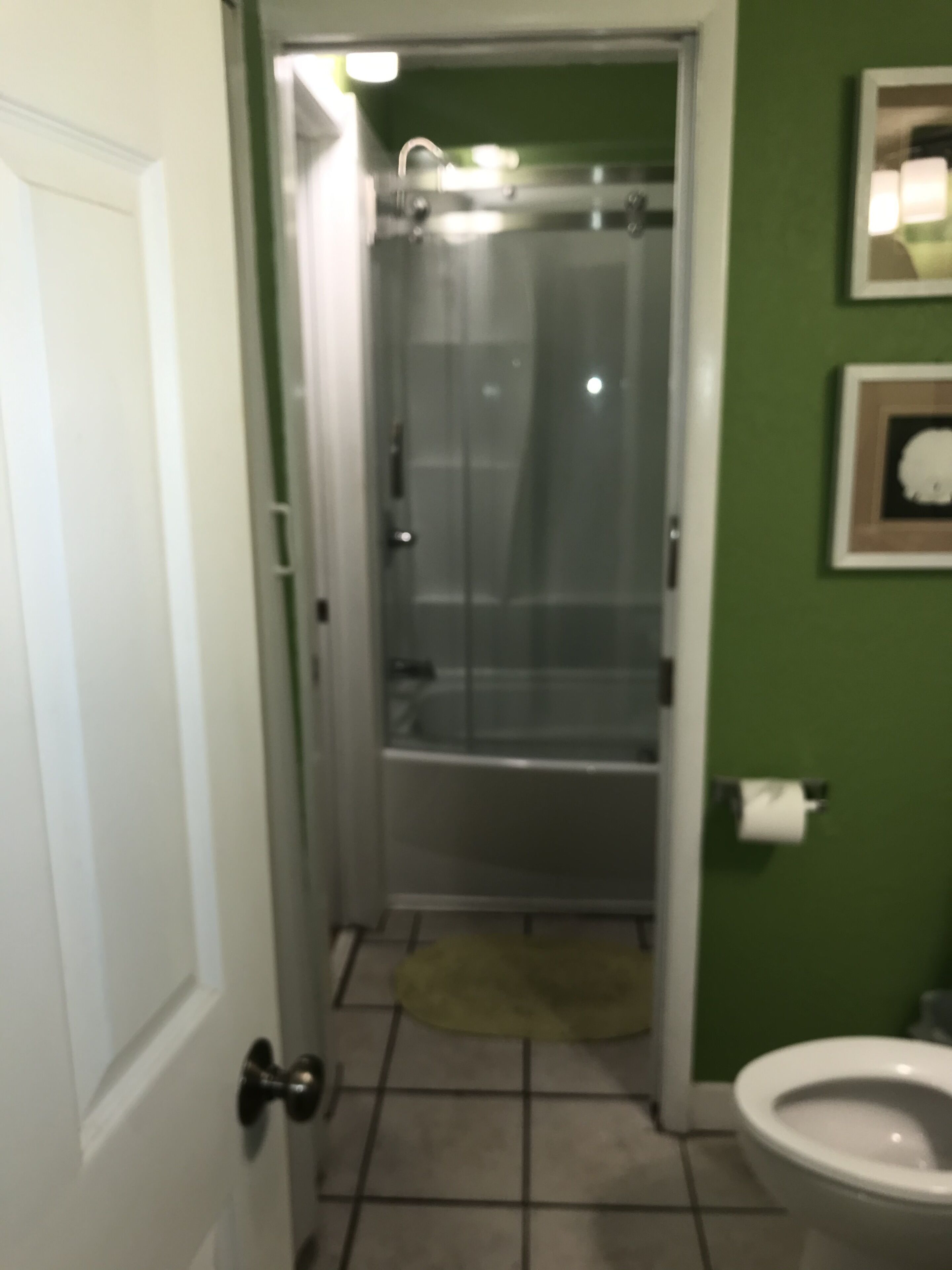 A bathroom with a shower, toilet, and a green wall.