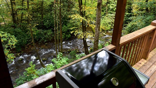 A wooden deck overlooking a forested area with a stream.