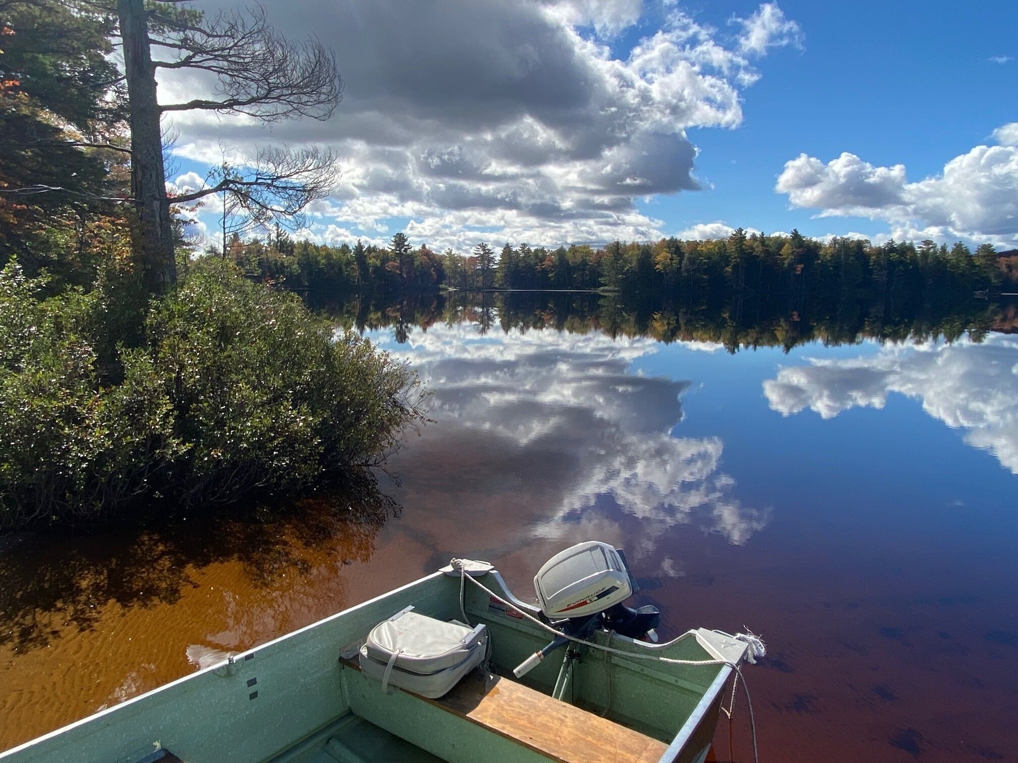 A calm lake with a boat docked on the shore, surrounded by trees and clear skies.