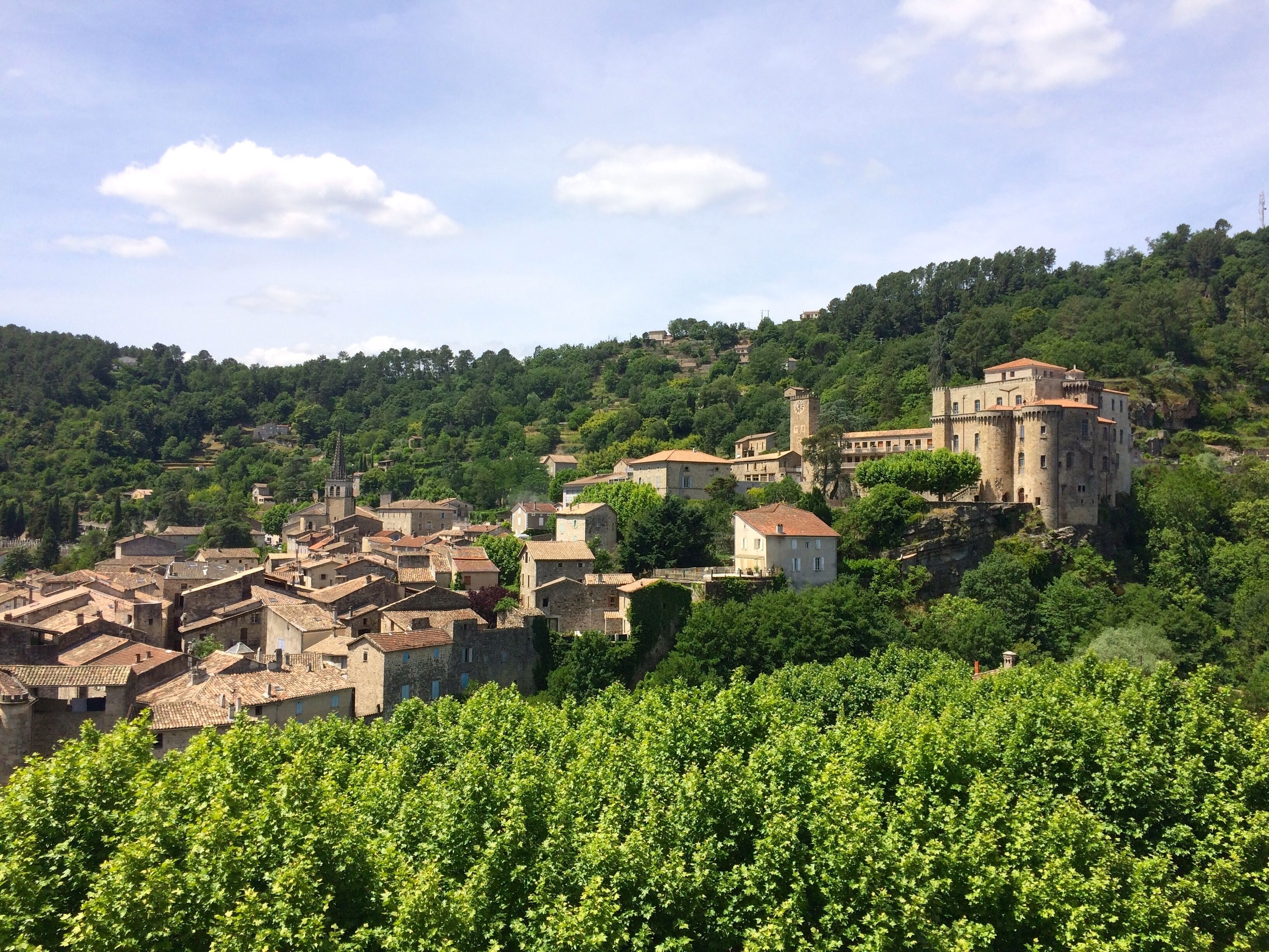 A historic town with stone buildings, a prominent castle, and lush greenery.
