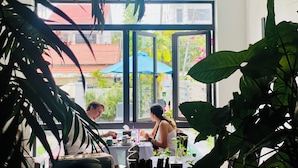 Un comedor con ventanas amplias, plantas de interior y vistas al exterior.