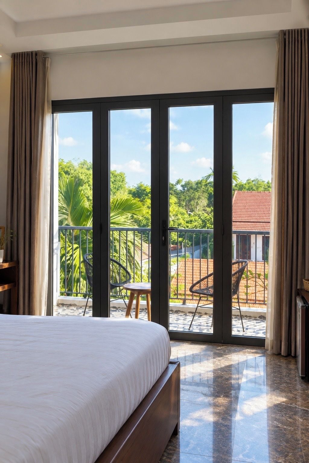 Camera d'albergo con un letto, un balcone con sedie e vista su vegetazione e un edificio.